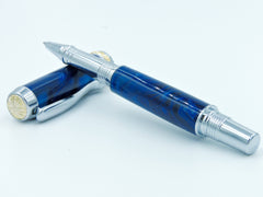 Triton Convertible Rollerball with chrome and gold accents, barrels crafted with blue acrylic